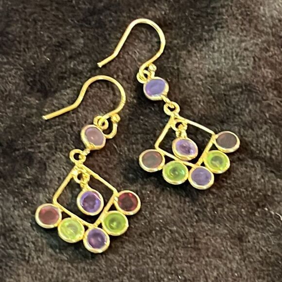 Multi Gemstone, Amethyst, Peridot, Garnet Gold over Silver Dangle Earrings - Picture 3 of 10